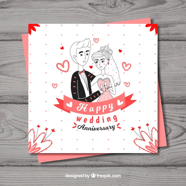 Vector gratuito tarjeta de aniversario de boda con pareja