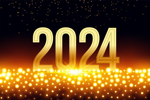 Tarjeta de año nuevo con letras doradas de 2024 con vector de partículas brillantes