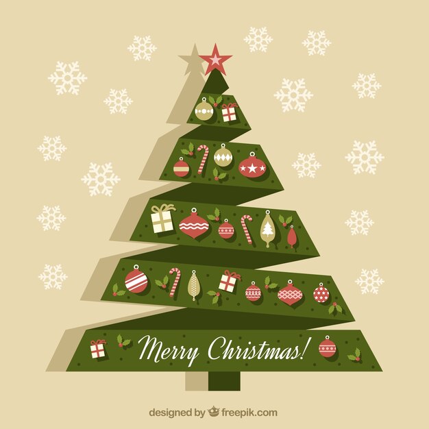 Tarjeta de árbol de navidad de origami con adornos 