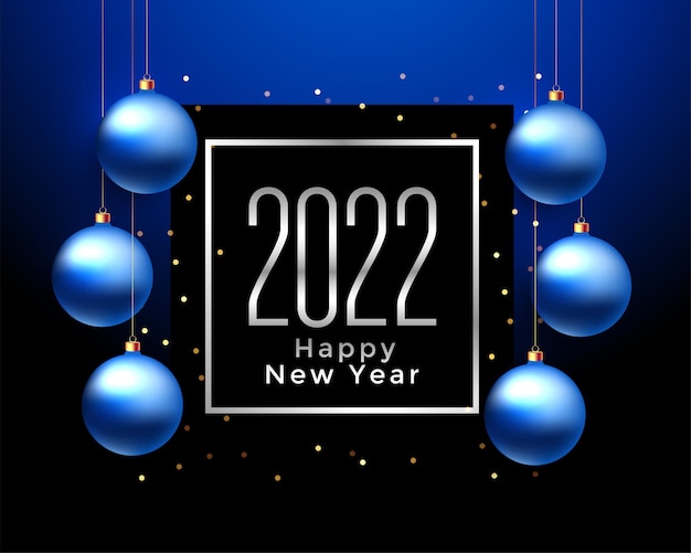 Tarjeta azul de feliz año nuevo 2022 con bolas de navidad colgantes