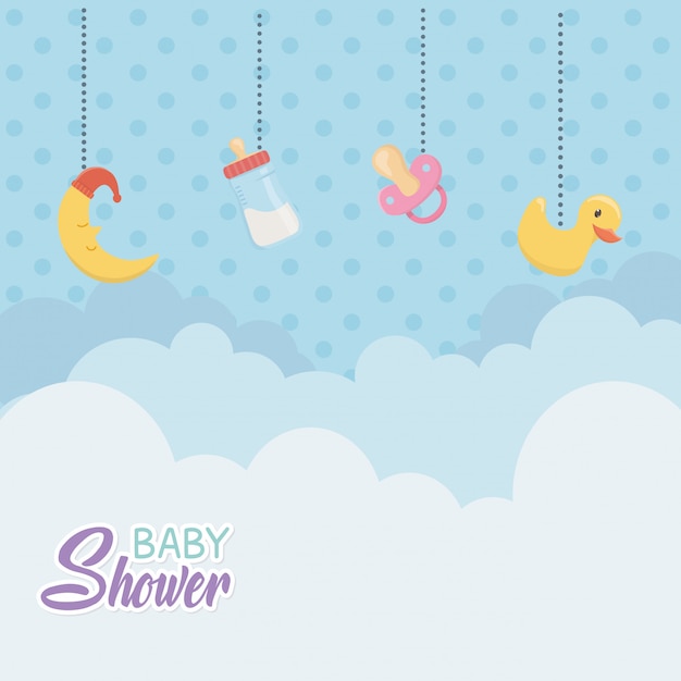 Vector gratuito tarjeta de baby shower con accesorios colgantes.