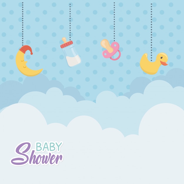 Tarjeta de baby shower con accesorios colgantes.