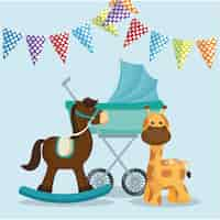 Vector gratuito tarjeta de baby shower con caballo de madera y jirafa