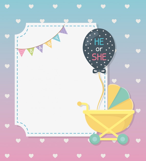 Vector gratuito tarjeta de baby shower con carro y globo helio.