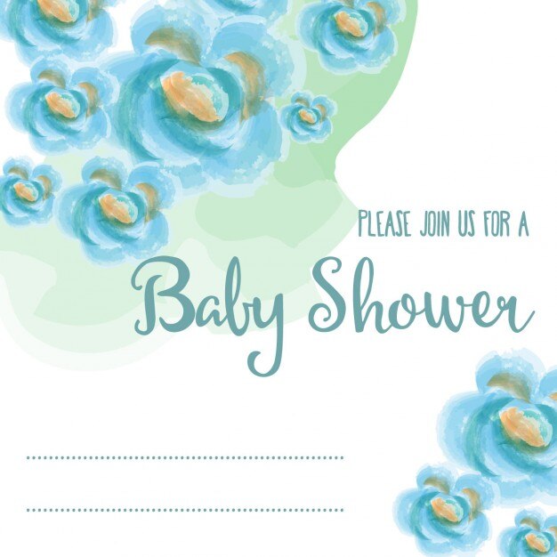 Tarjeta de baby shower con flores de color azul de acuarela