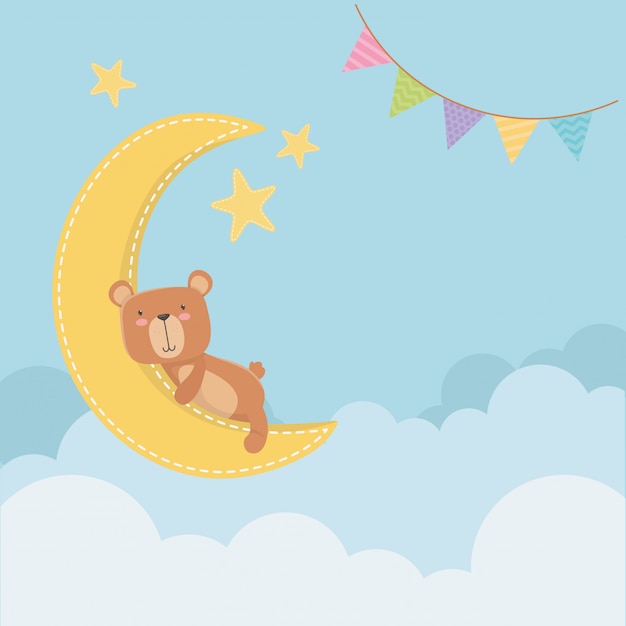 Vector gratuito tarjeta de baby shower con osito en luna slepping.