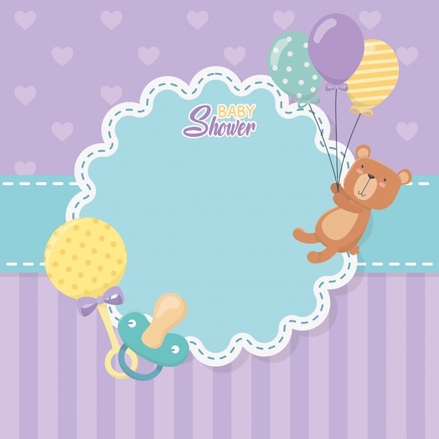 Vector gratuito tarjeta de baby shower con osito osito y globos helio.