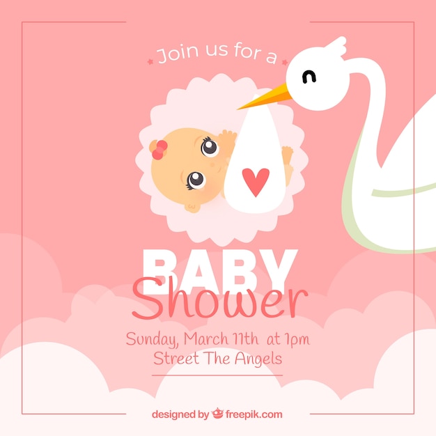 Vector gratuito tarjeta de baby shower rosa con cigüeña