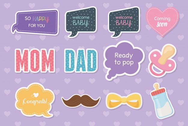 Tarjeta de baby shower con set de accesorios y mensajes.