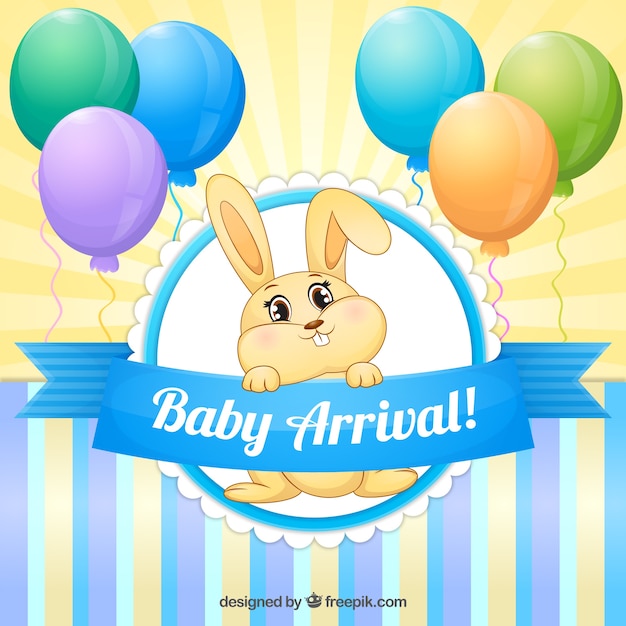 Vector gratuito tarjeta de bienvenida de bebé de adorable conejito con globos