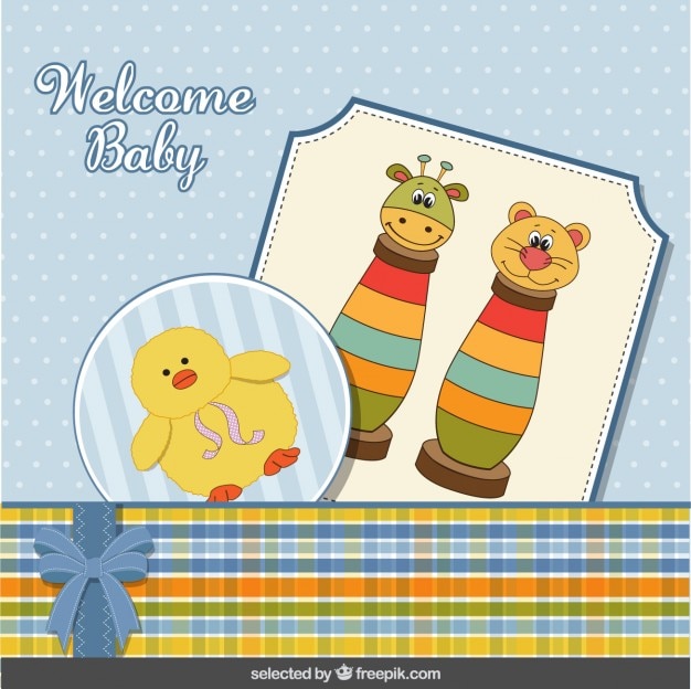 Vector gratuito tarjeta de bienvenida del bebé con los juguetes y el pato