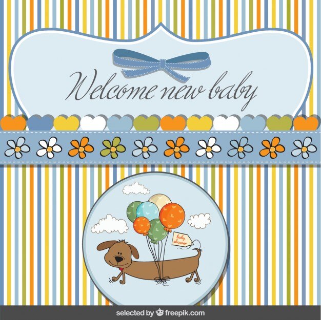 Tarjeta de bienvenida del bebé con perro con globos