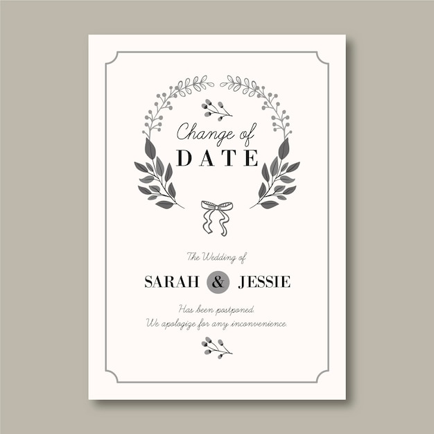 Tarjeta de boda aplazada dibujada a mano