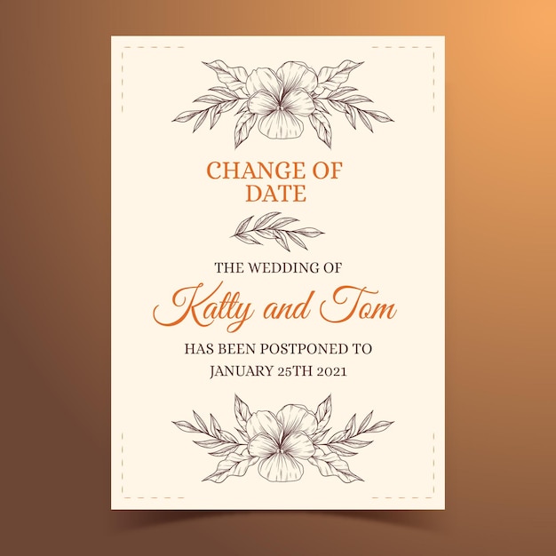 Tarjeta de boda aplazada dibujada a mano