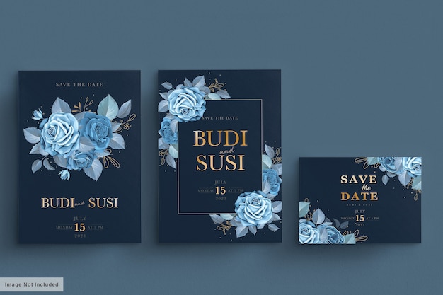 Tarjeta de boda azul con floral oscuro