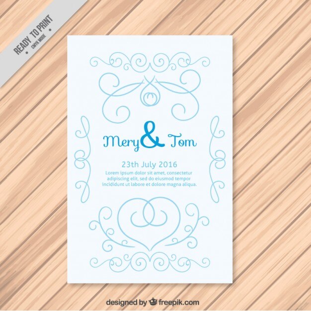 Tarjeta de boda azul con formas ornamentales