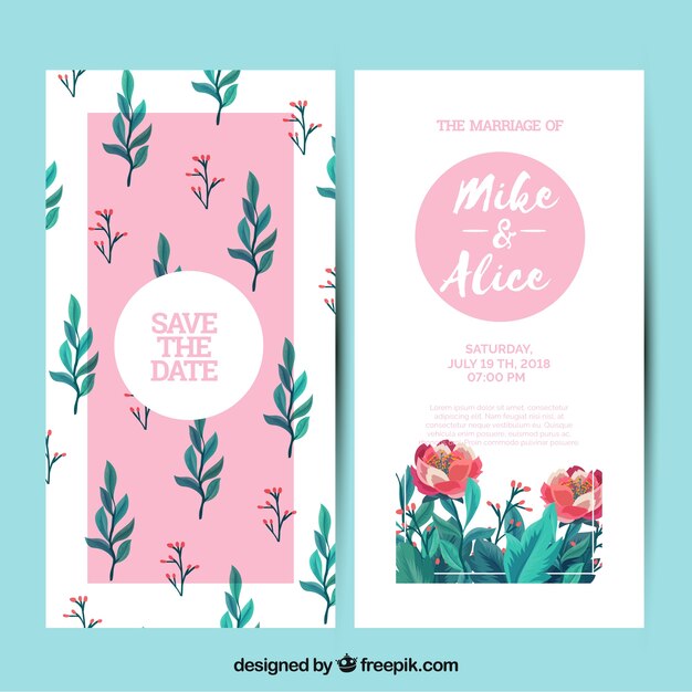 Tarjeta de boda bonita con flores y hojas