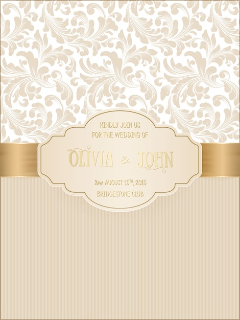 Vector gratuito tarjeta de boda con damasco y elegantes elementos florales.