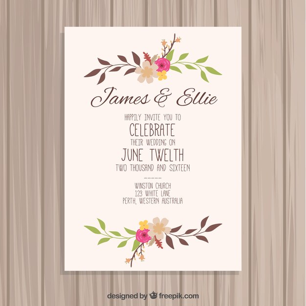 Tarjeta de boda floral dibujada a mano