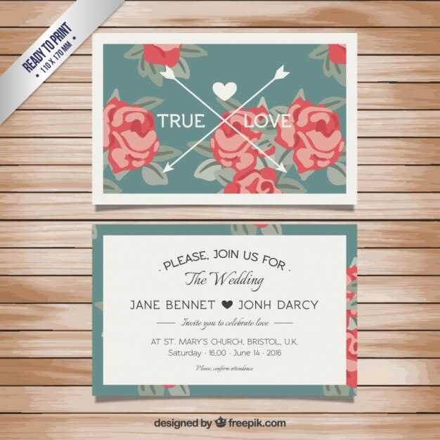 Tarjeta de boda floral en estilo retro