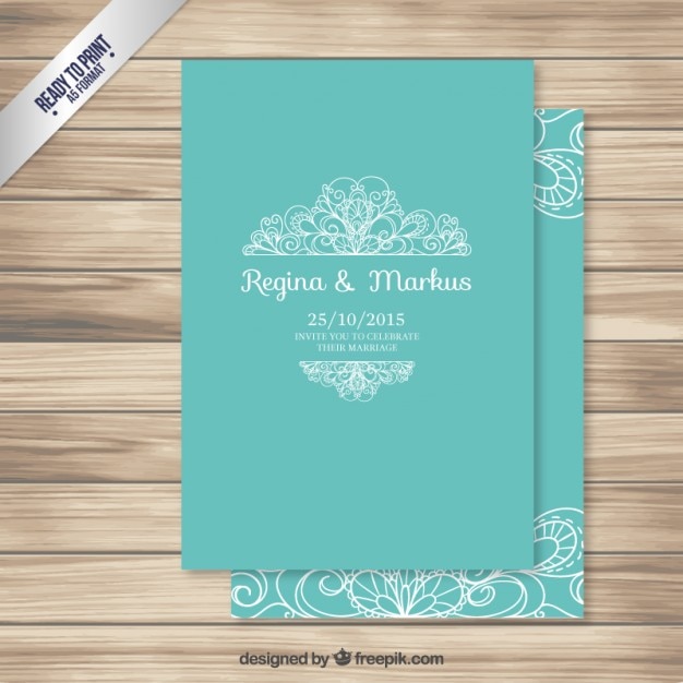 Tarjeta de boda ornamental de color turquesa