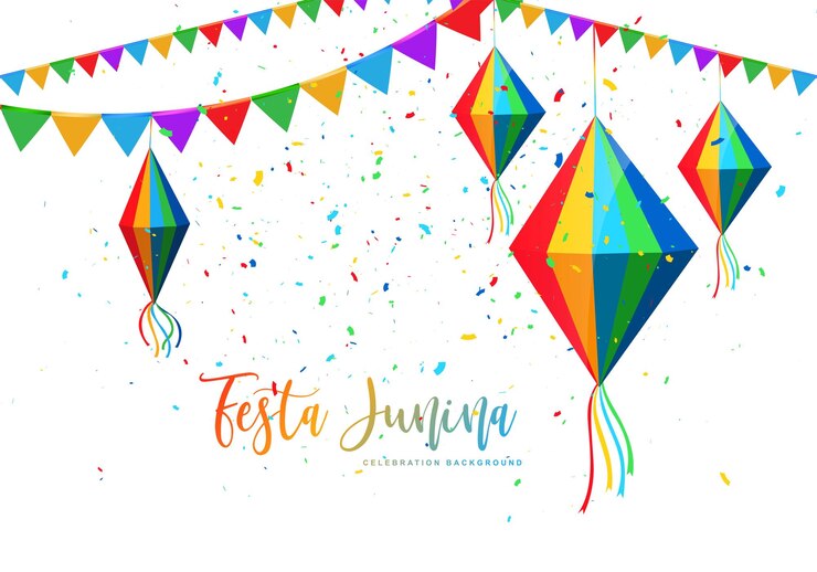 Vector gratuito tarjeta de celebración de festa junina con confeti sobre fondo blanco