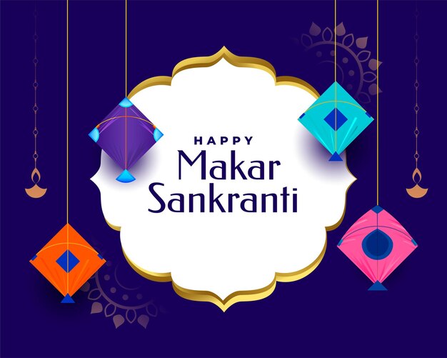 Tarjeta de celebración de makar sankranti con cometas colgantes