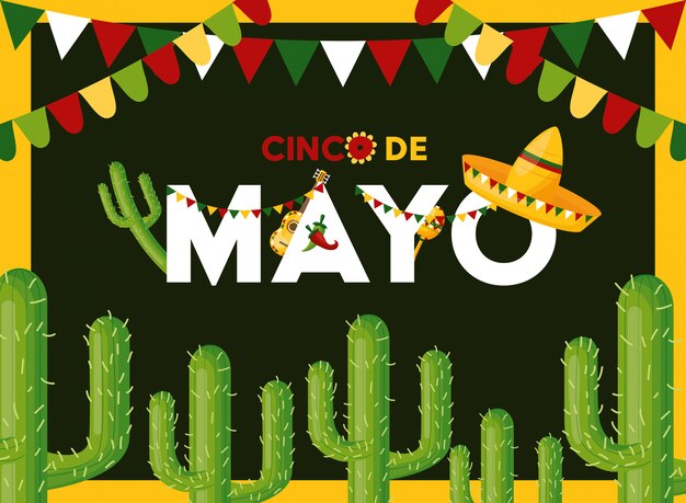 Tarjeta de cinco de mayo con cactus, ilustración de México