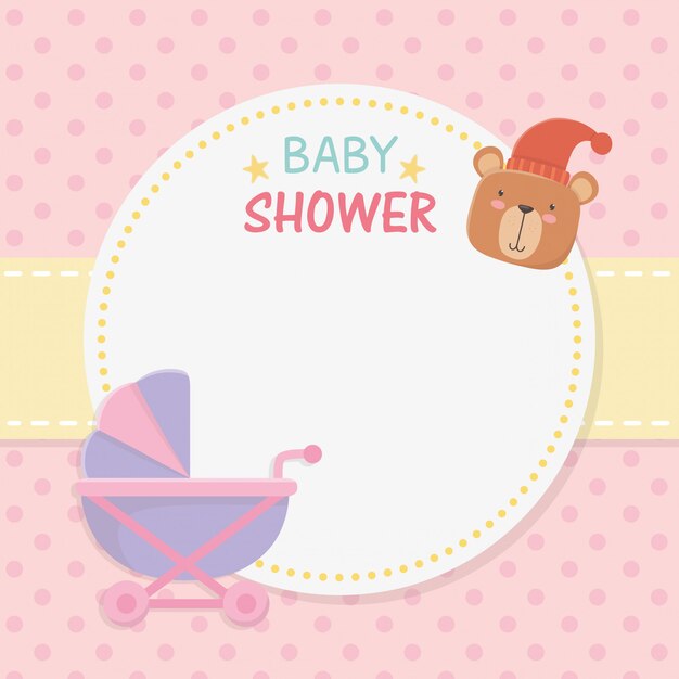 Tarjeta circular de baby shower con oso de peluche en carrito de bebé