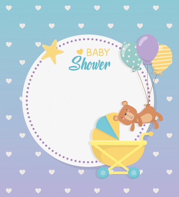 Vector gratuito tarjeta circular de baby shower con oso de peluche en carrito de bebé