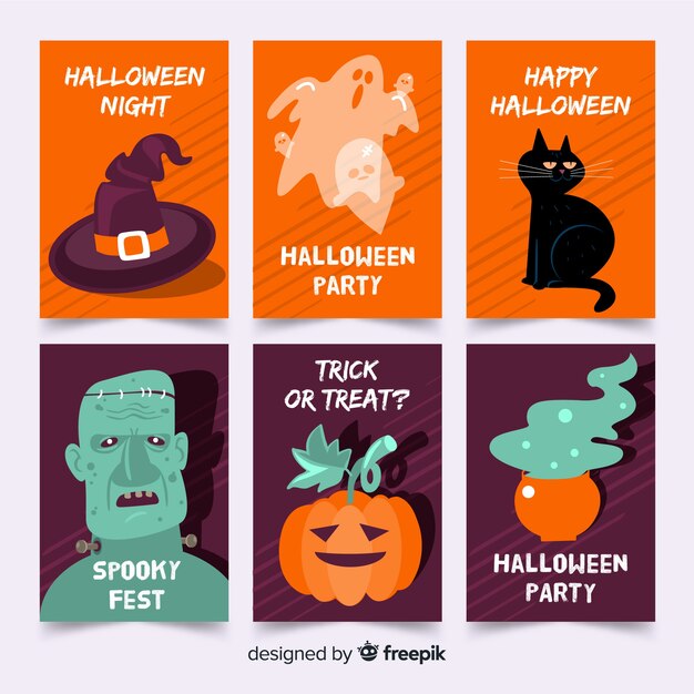 Tarjeta de criaturas púrpura y naranja colección halloween