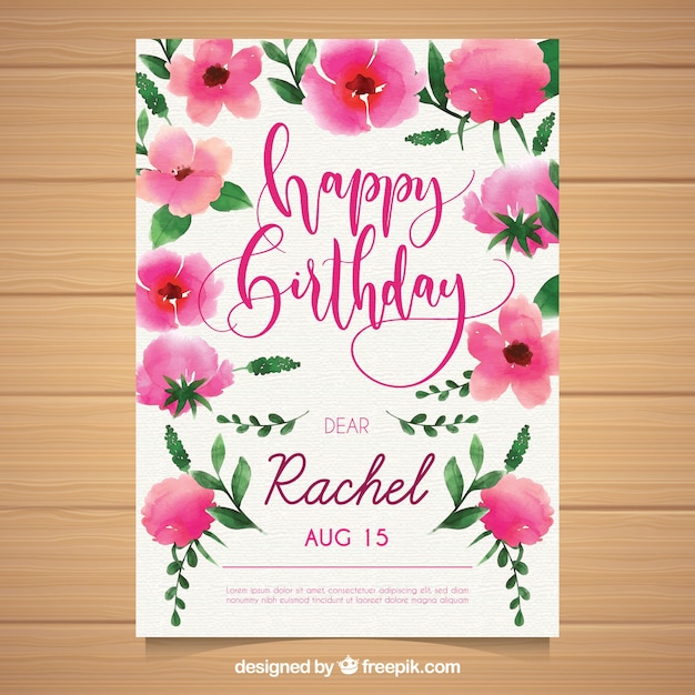 Vector gratuito tarjeta de cumpleaños en acuarela con flores