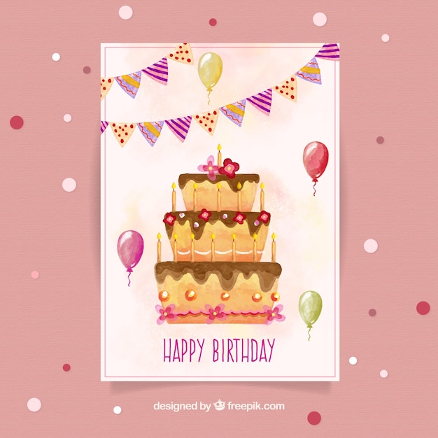 Tarjeta de cumpleaños en acuarela con una tarta