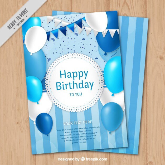Tarjeta de cumpleaños azul con globos y guirnaldas