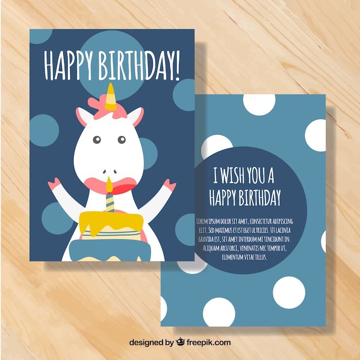 Vector gratuito tarjeta de cumpleaños azul con unicornio lindo y círculos