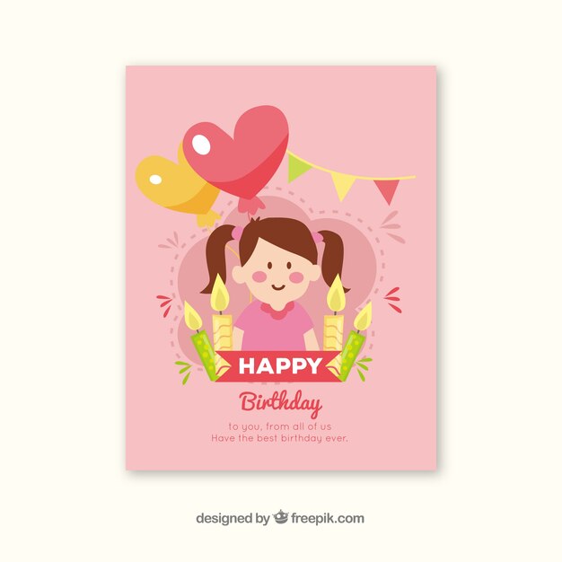 Tarjeta de cumpleaños con chica y globos en estilo hecho a mano