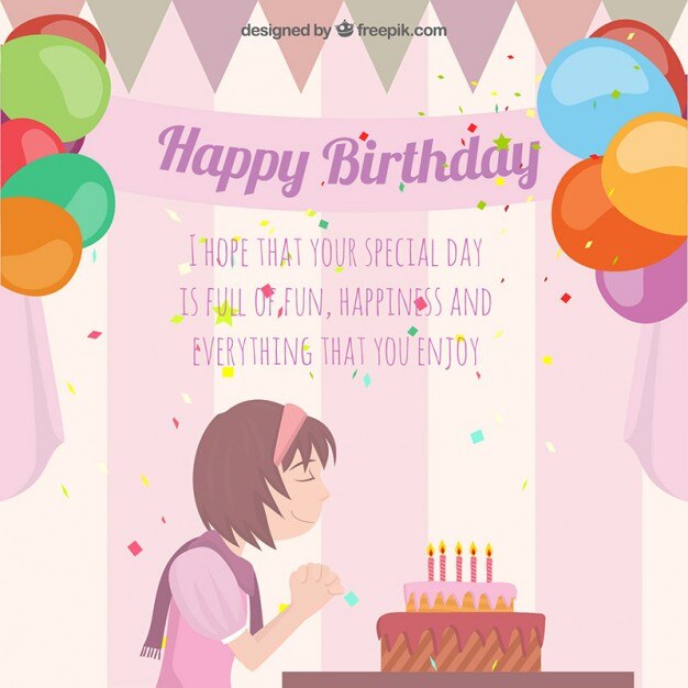 Tarjeta de cumpleaños con una chica pidiendo un deseo