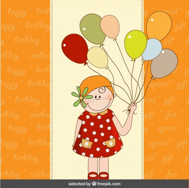 Tarjeta de cumpleaños colorida con la muchacha linda y los globos