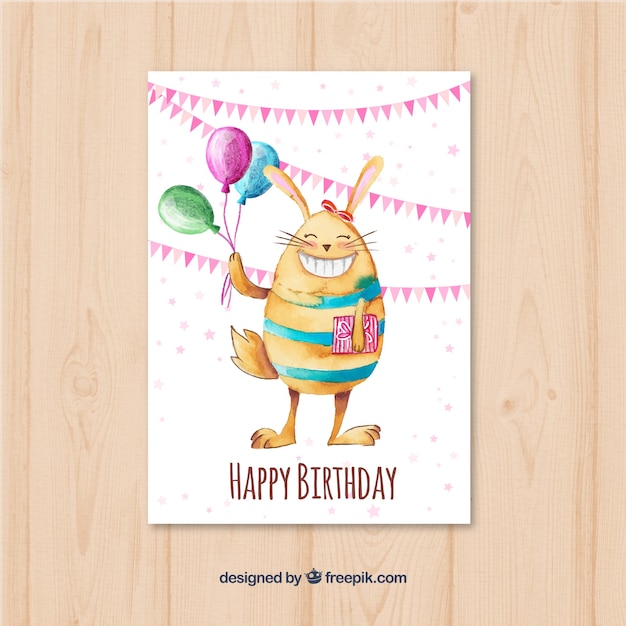 Tarjeta de cumpleaños de conejito de acuarela con globos 
