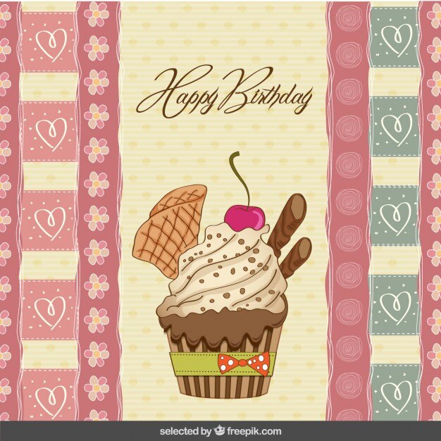 Tarjeta de cumpleaños con cupcake dibujado a mano