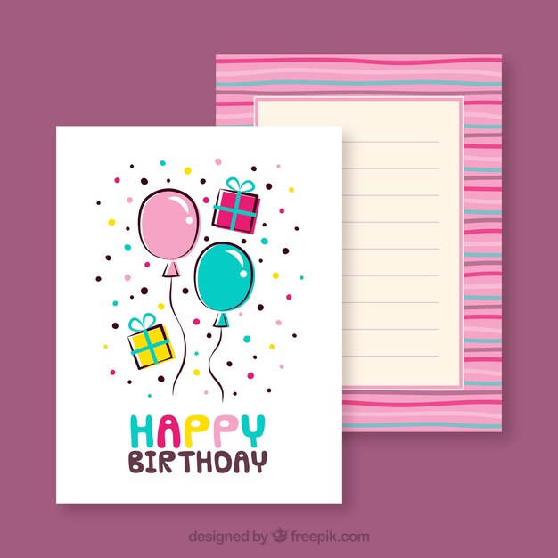Tarjeta de cumpleaños dibujada a mano con globos y confeti