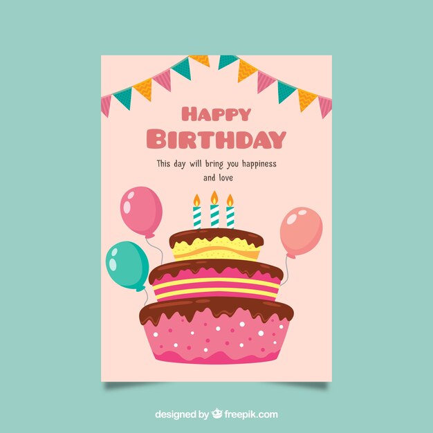 Tarjeta de cumpleaños en diseño plano con una tarta