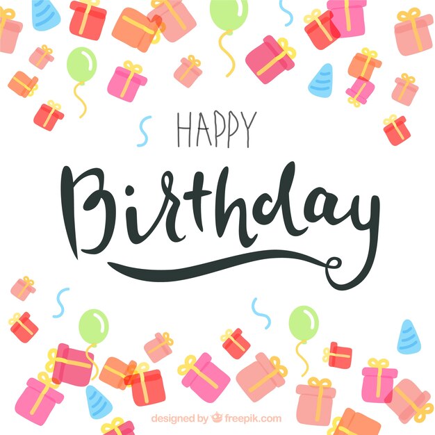 Tarjeta de cumpleaños en estilo de letras con regalos de color
