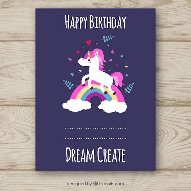 Tarjeta de cumpleaños feliz morada con unicornio