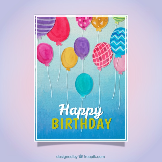 Tarjeta de cumpleaños con globos de acuarela