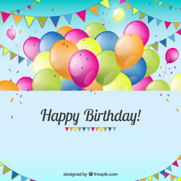 Tarjeta de cumpleaños con globos y banderines