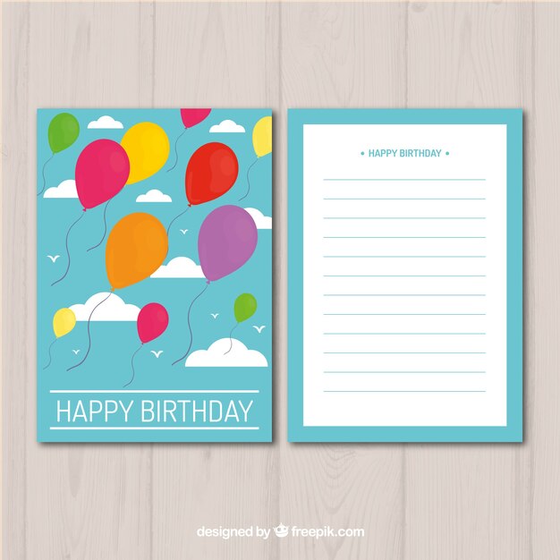 Tarjeta de cumpleaños con globos coloridos en estilo plano