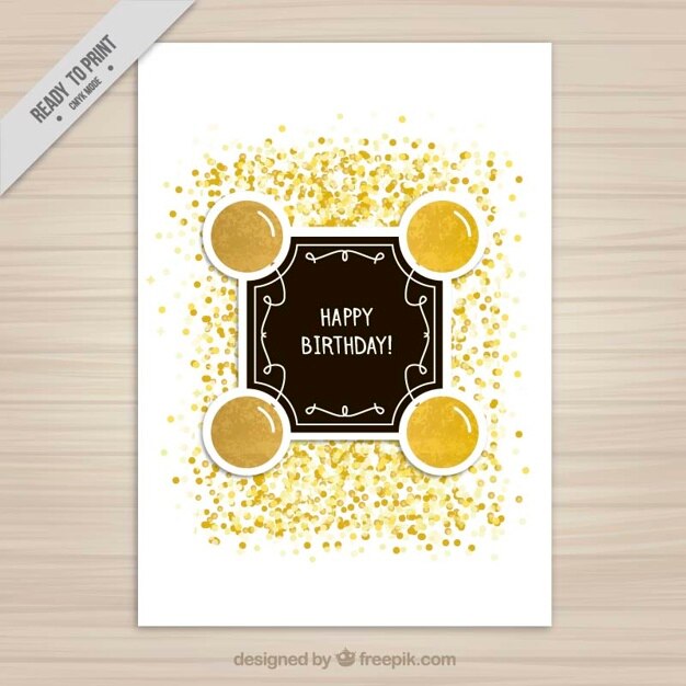 Tarjeta de cumpleaños con globos dorados