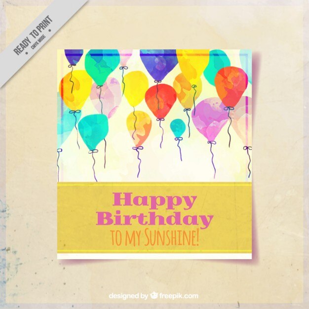 Tarjeta de cumpleaños con globos pintados con acuarelas