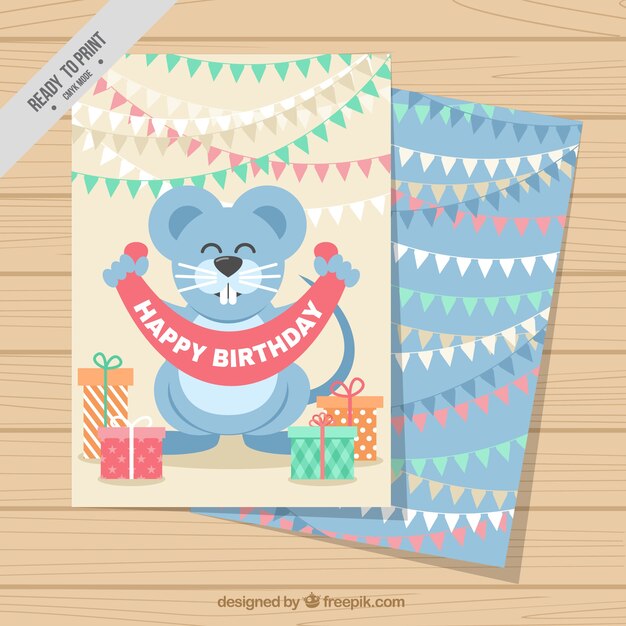 Tarjeta de cumpleaños con guirnaldas y simpático ratón 